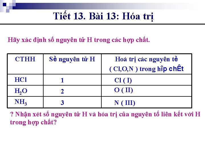 Tiết 13. Bài 13: Hóa trị Hãy xác định số nguyên tử H trong