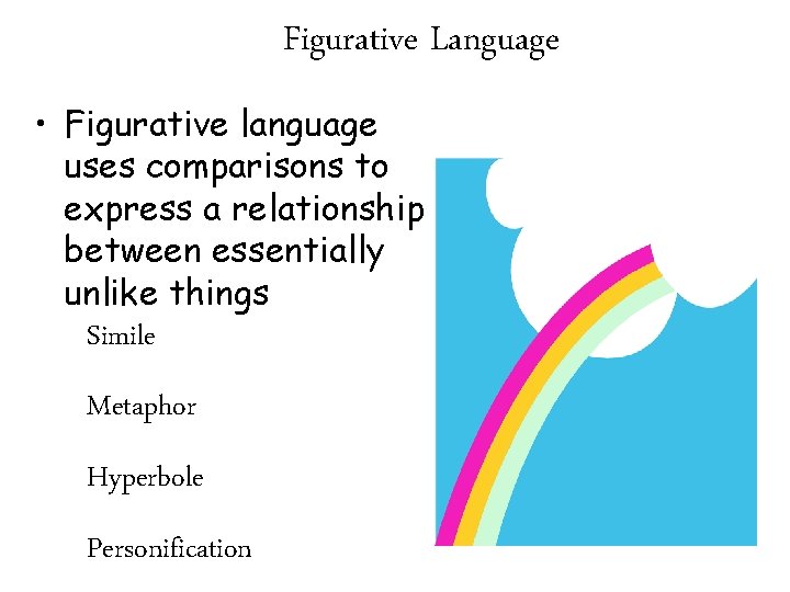 Figurative Language • Figurative language uses comparisons to express a relationship between essentially unlike