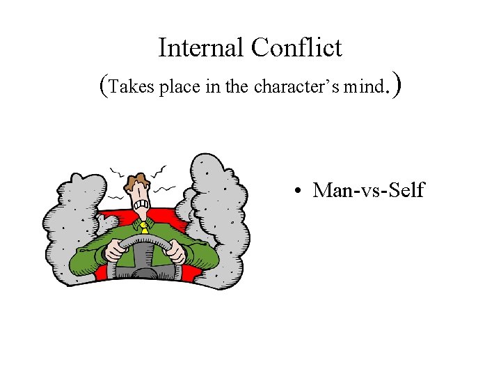Internal Conflict (Takes place in the character’s mind. ) • Man-vs-Self 
