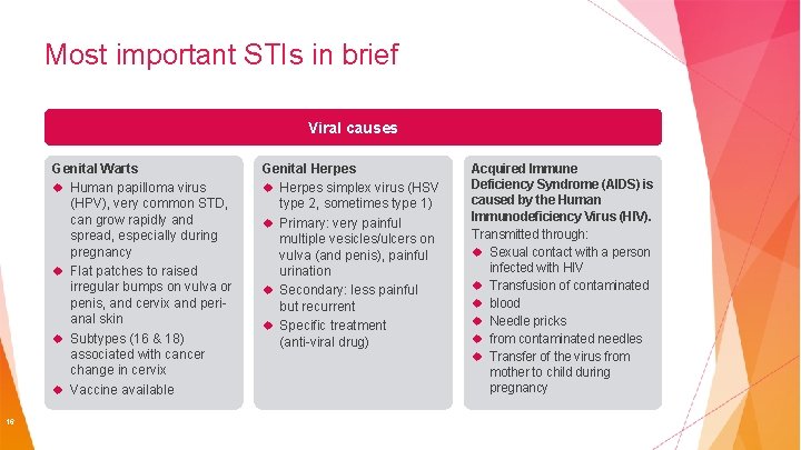Most important STIs in brief Viral causes Genital Warts Human papilloma virus (HPV), very