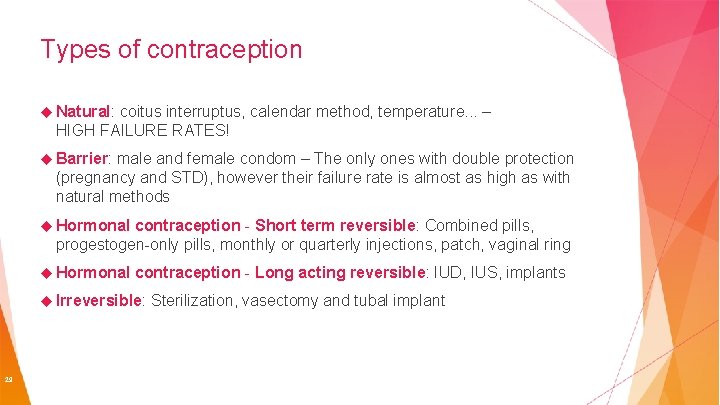 Types of contraception Natural: coitus interruptus, calendar method, temperature. . . – HIGH FAILURE