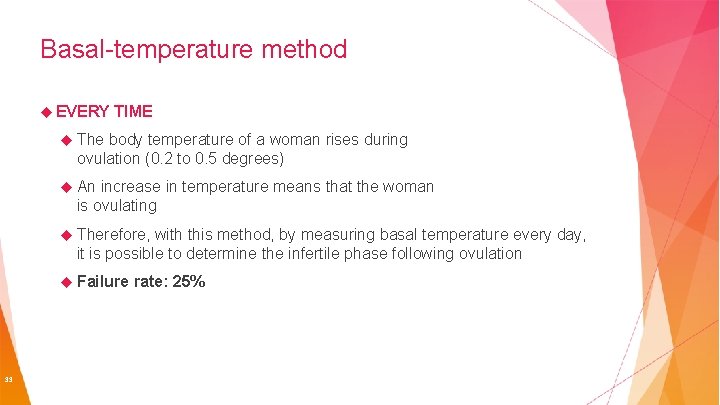 Basal-temperature method EVERY TIME The body temperature of a woman rises during ovulation (0.