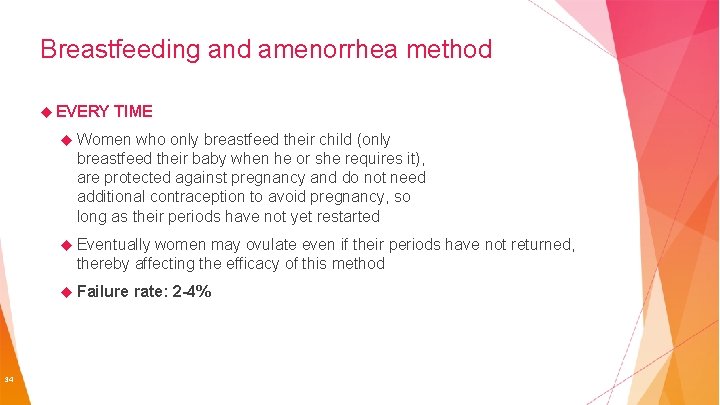 Breastfeeding and amenorrhea method EVERY TIME Women who only breastfeed their child (only breastfeed