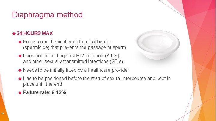 Diaphragma method 24 HOURS MAX Forms a mechanical and chemical barrier (spermicide) that prevents