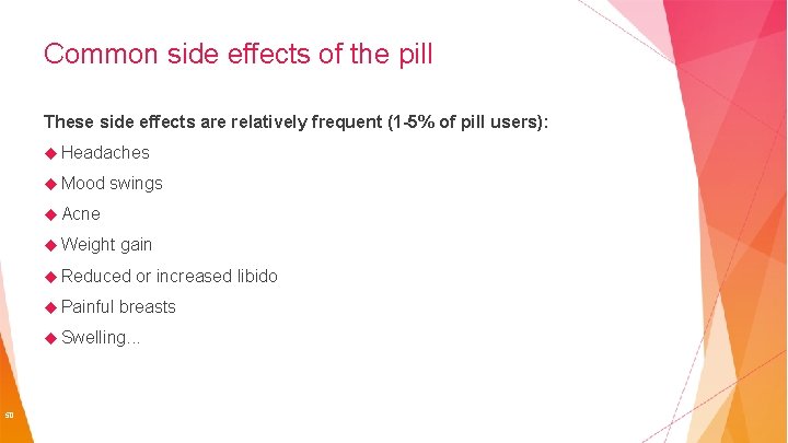 Common side effects of the pill These side effects are relatively frequent (1 -5%