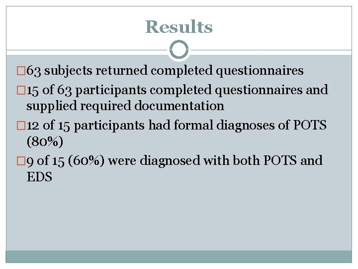 Results � 63 subjects returned completed questionnaires � 15 of 63 participants completed questionnaires