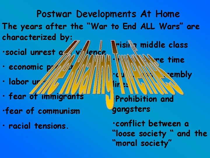 Postwar Developments At Home The years after the “War to End ALL Wars” are