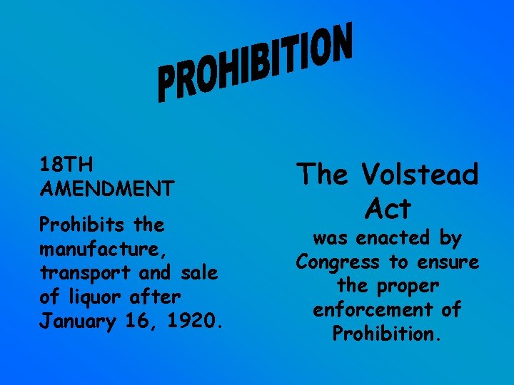 18 TH AMENDMENT Prohibits the manufacture, transport and sale of liquor after January 16,