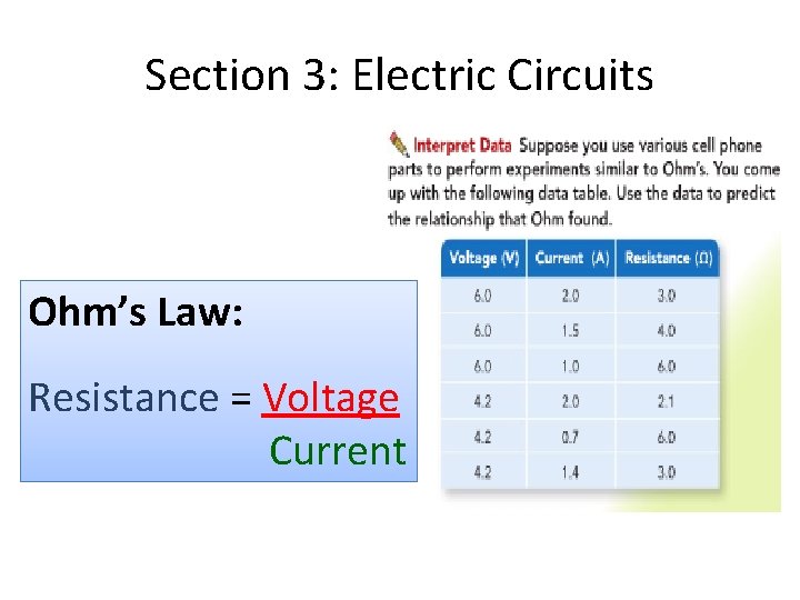 Section 3: Electric Circuits Ohm’s Law: Resistance = Voltage Current 