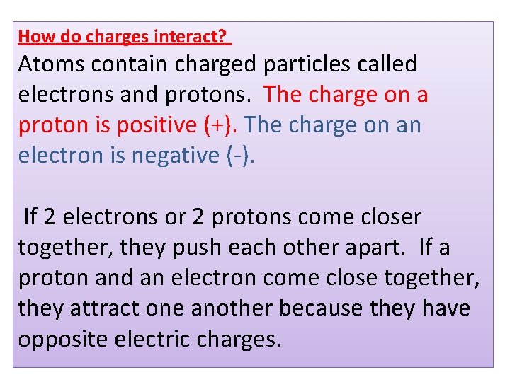 How do charges interact? Atoms contain charged particles called electrons and protons. The charge