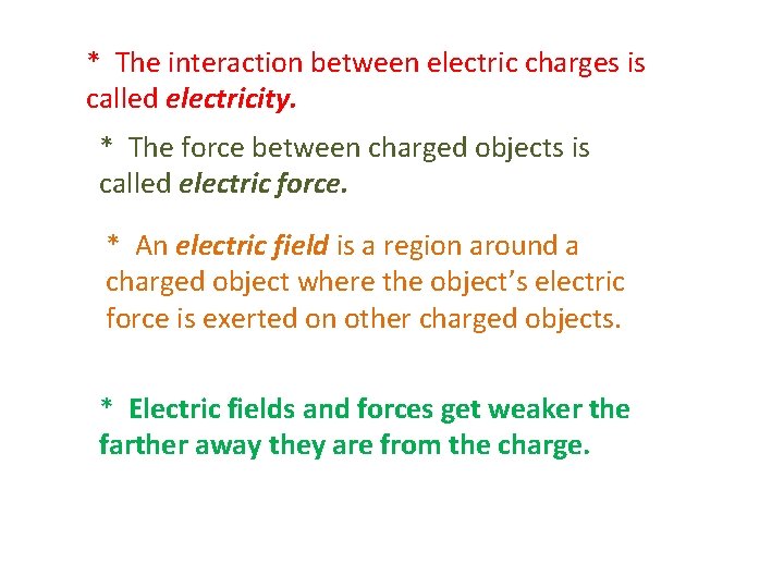 * The interaction between electric charges is called electricity. * The force between charged