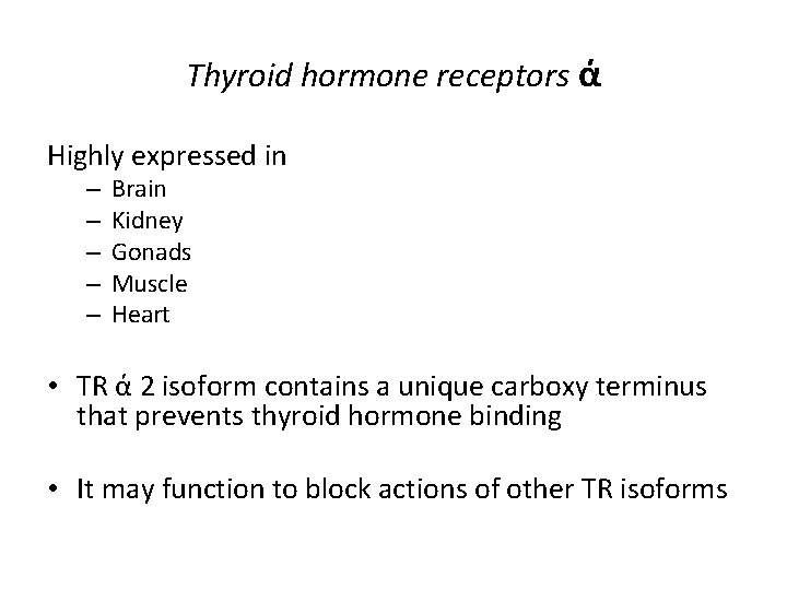 Thyroid hormone receptors ά Highly expressed in – – – Brain Kidney Gonads Muscle