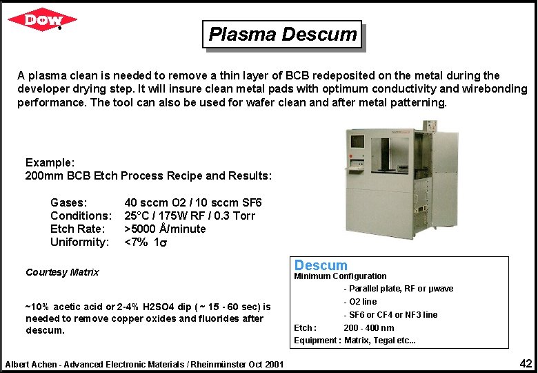 Plasma Descum A plasma clean is needed to remove a thin layer of BCB
