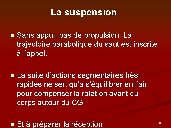 La suspension n Sans appui, pas de propulsion. La trajectoire parabolique du saut est