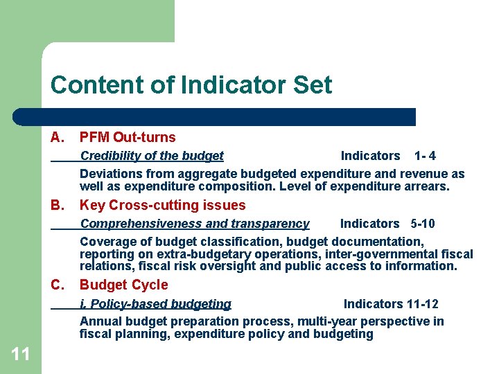 Content of Indicator Set A. PFM Out-turns Credibility of the budget Indicators 1 -