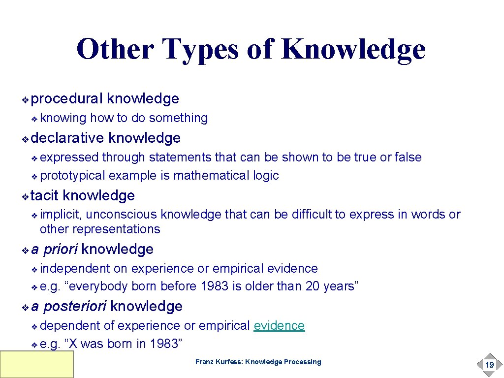 Knowledge Processing Franz J Kurfess Computer Science Department