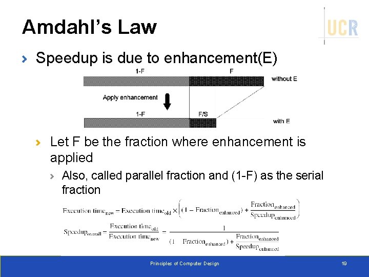 Amdahl’s Law Speedup is due to enhancement(E) Let F be the fraction where enhancement
