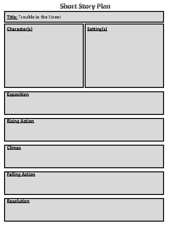 Short Story Plan Title: Trouble in the Street Character(s) Exposition Rising Action Climax Falling