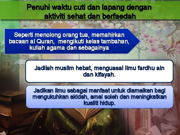 Penuhi waktu cuti dan lapang dengan aktiviti sehat dan berfaedah Seperti menolong orang tua,