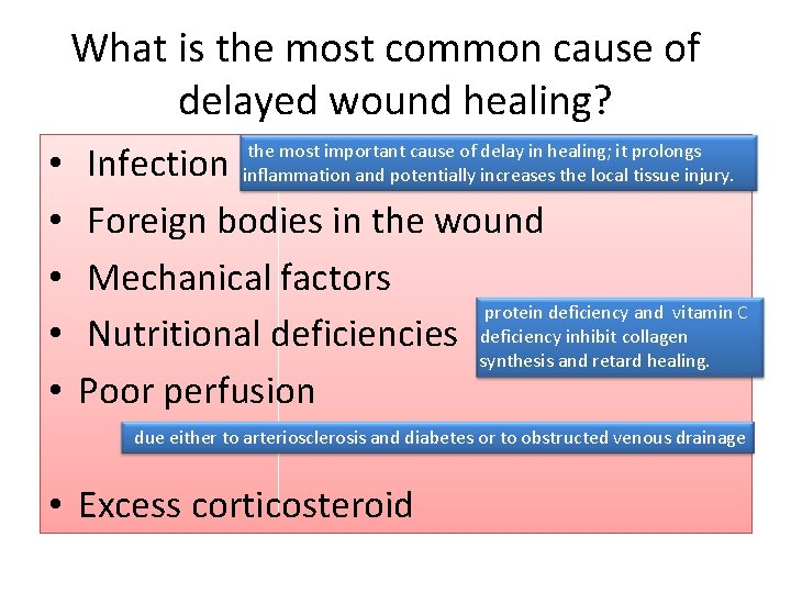 What is the most common cause of delayed wound healing? • • • Infection