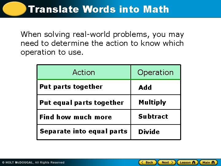 Translate Words into Math When solving real-world problems, you may need to determine the