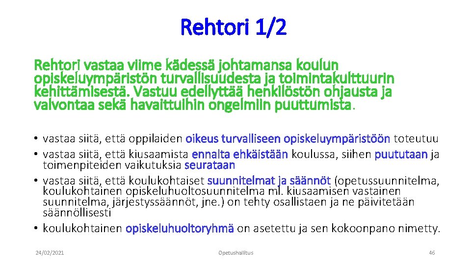 Rehtori 1/2 Rehtori vastaa viime kädessä johtamansa koulun opiskeluympäristön turvallisuudesta ja toimintakulttuurin kehittämisestä. Vastuu