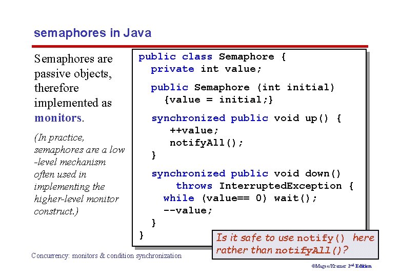 semaphores in Java Semaphores are passive objects, therefore implemented as monitors. (In practice, semaphores