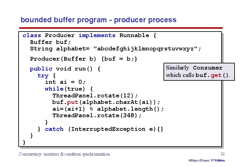 bounded buffer program - producer process class Producer implements Runnable { Buffer buf; String