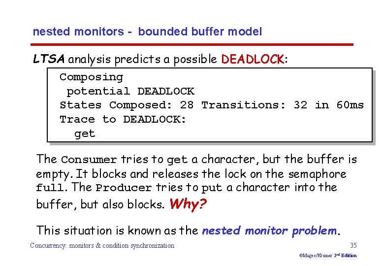 nested monitors - bounded buffer model LTSA analysis predicts a possible DEADLOCK: Composing potential