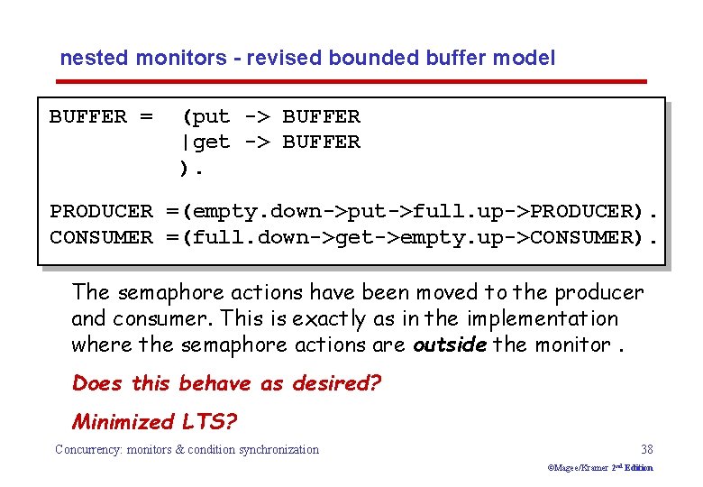 nested monitors - revised bounded buffer model BUFFER = (put -> BUFFER |get ->