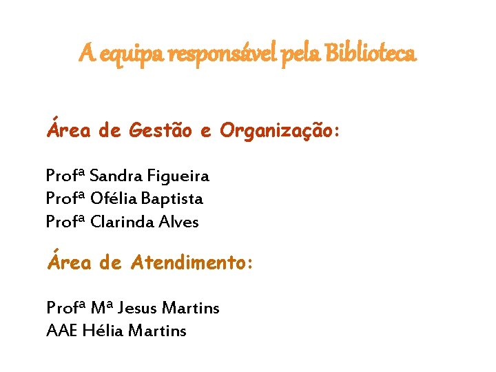 A equipa responsável pela Biblioteca Área de Gestão e Organização: Profª Sandra Figueira Profª