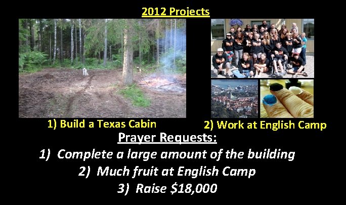 2012 Projects 1) Build a Texas Cabin 2) Work at English Camp Prayer Requests: