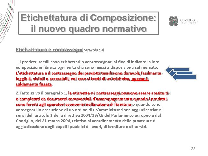 Etichettatura di Composizione: il nuovo quadro normativo Etichettatura e contrassegni (Articolo 14) 1. I