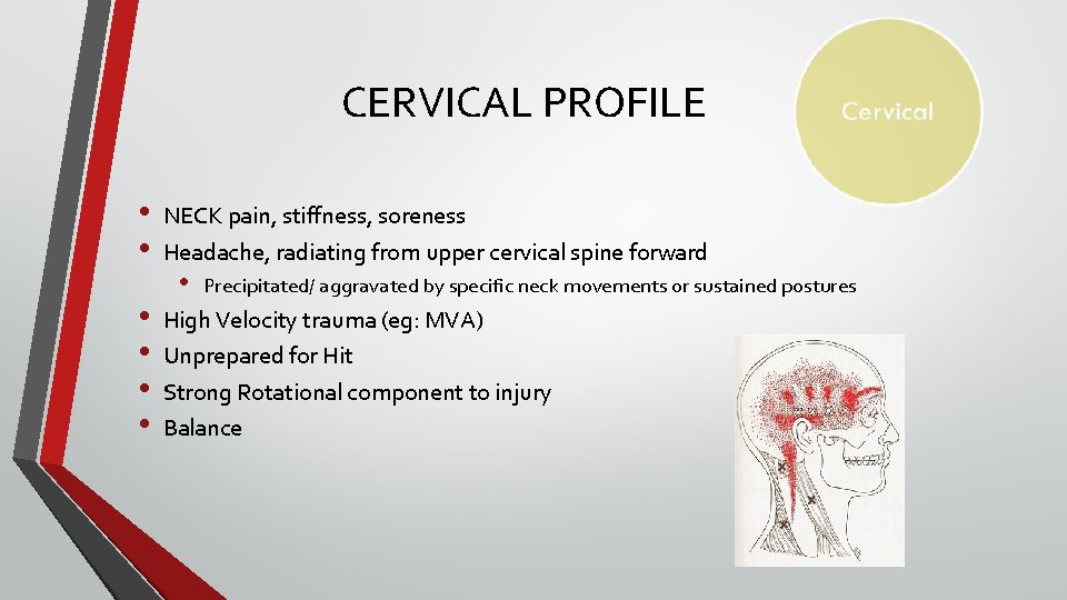 CERVICAL PROFILE • • • NECK pain, stiffness, soreness Headache, radiating from upper cervical CERVICAL PROFILE • • • NECK pain, stiffness, soreness Headache, radiating from upper cervical