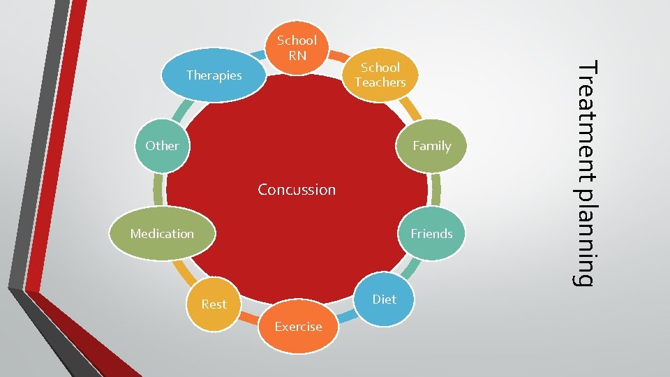 Therapies School Teachers Other Family Concussion Medication Friends Diet Rest Exercise Treatment planning School Therapies School Teachers Other Family Concussion Medication Friends Diet Rest Exercise Treatment planning School