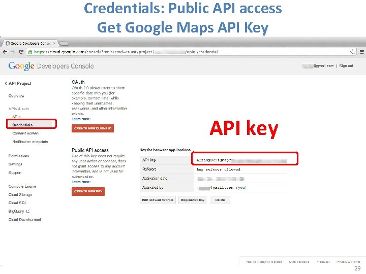 Credentials: Public API access Get Google Maps API Key API key 29 