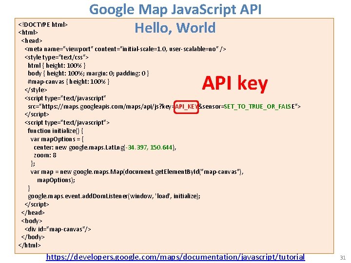 Google Map Java. Script API Hello, World <!DOCTYPE html> <html> <head> <meta name="viewport" content="initial-scale=1.