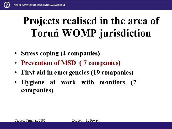 Projects realised in the area of Toruń WOMP jurisdiction • • Stress coping (4