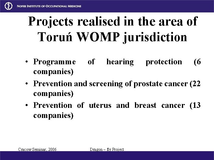 Projects realised in the area of Toruń WOMP jurisdiction • Programme of hearing protection