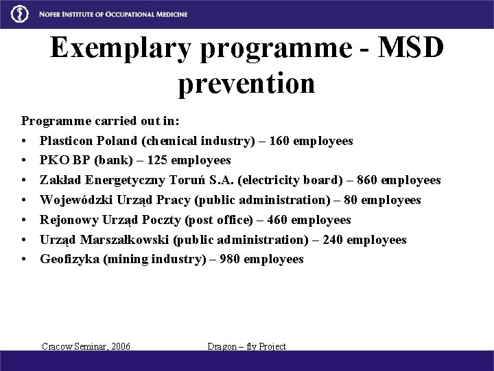 Exemplary programme - MSD prevention Programme carried out in: • Plasticon Poland (chemical industry)