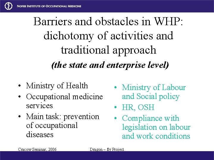 Barriers and obstacles in WHP: dichotomy of activities and traditional approach (the state and