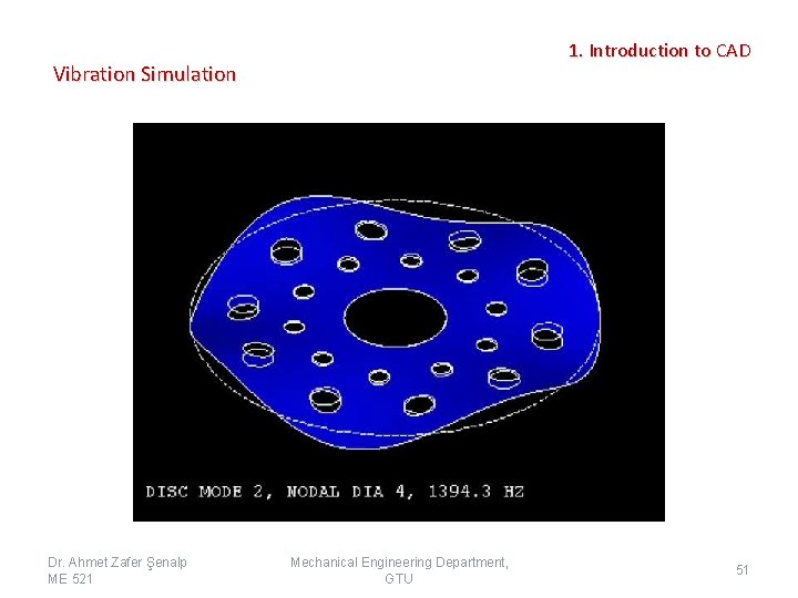 1. Introduction to CAD Vibration Simulation Dr. Ahmet Zafer Şenalp ME 521 Mechanical Engineering