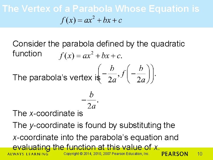 The Vertex of a Parabola Whose Equation is Consider the parabola defined by the