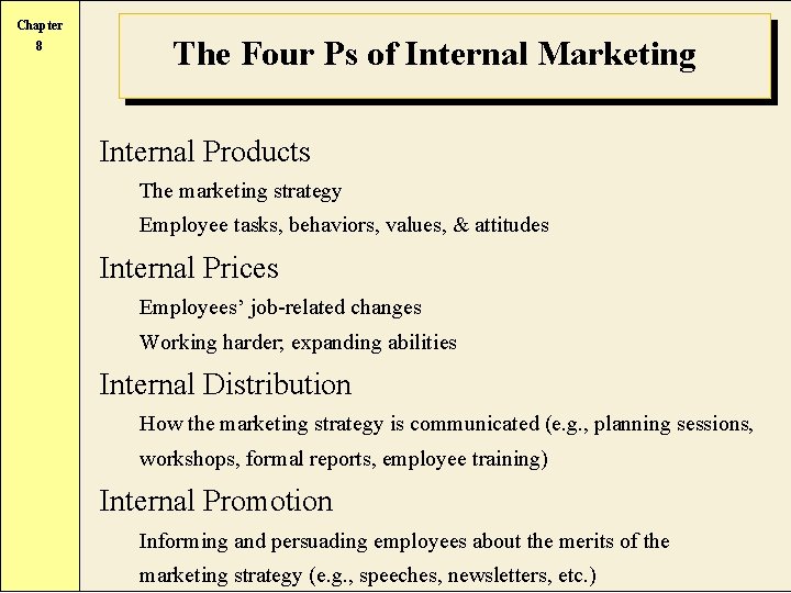Chapter 8 The Four Ps of Internal Marketing Internal Products The marketing strategy Employee
