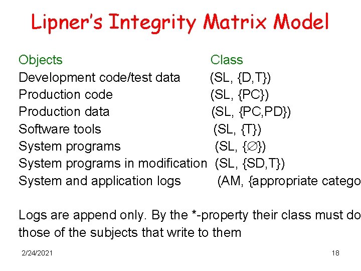 Lipner’s Integrity Matrix Model Objects Class Development code/test data (SL, {D, T}) Production code