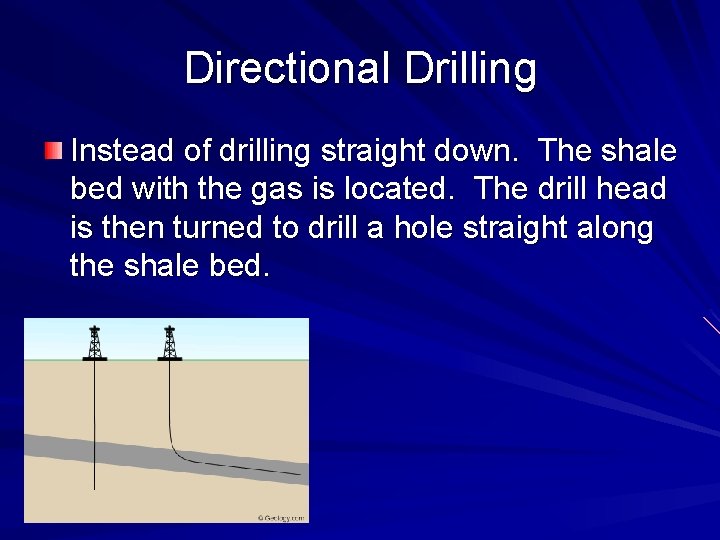 Directional Drilling Instead of drilling straight down. The shale bed with the gas is