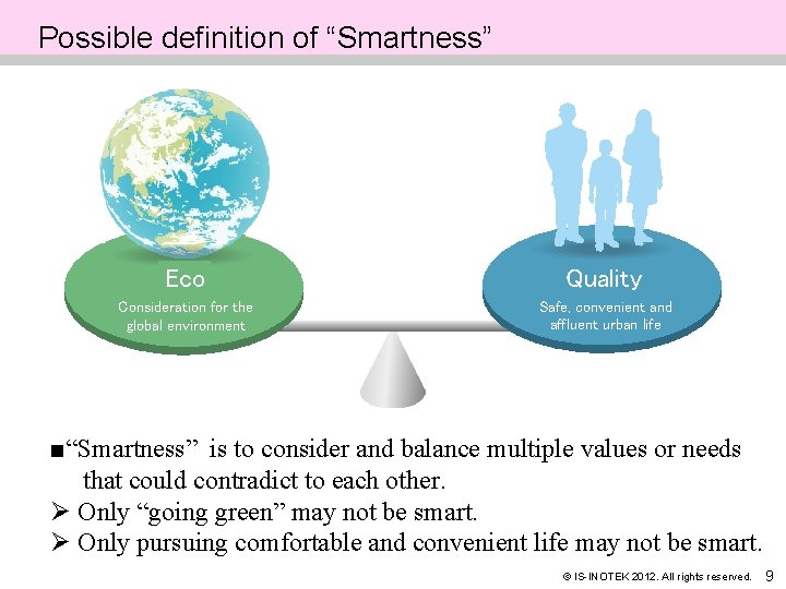 Possible definition of “Smartness” Eco Quality Consideration for the global environment Safe, convenient and