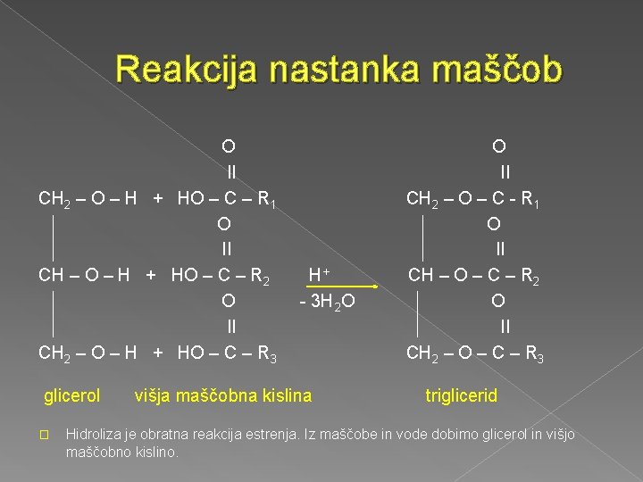 Reakcija nastanka maščob O II CH 2 – O – H + HO –