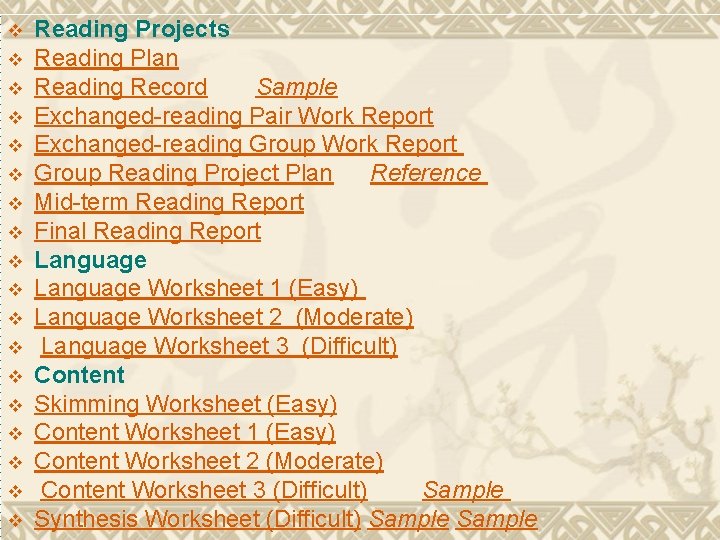 v v v v v Reading Projects Reading Plan Reading Record　　Sample Exchanged-reading Pair Work