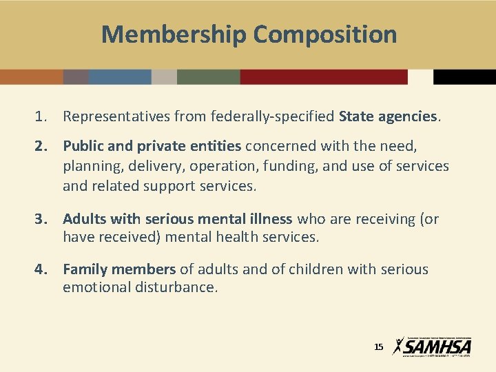 Membership Composition 1. Representatives from federally-specified State agencies. 2. Public and private entities concerned